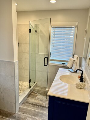 Combined shower/bathtub, hair dryer