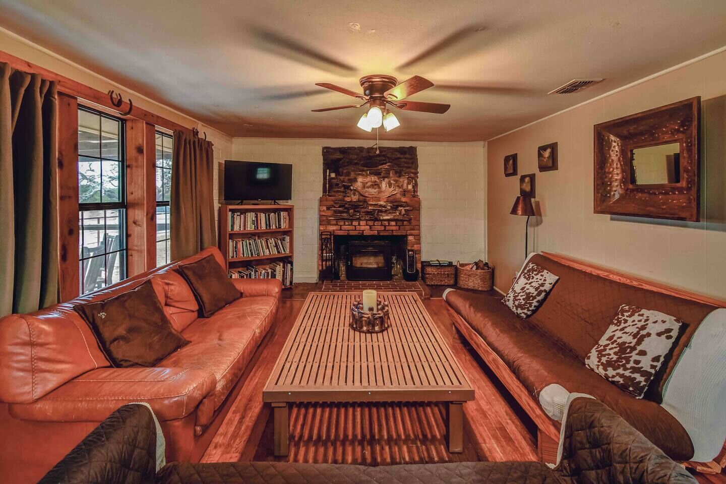 Smart TV, fireplace, books