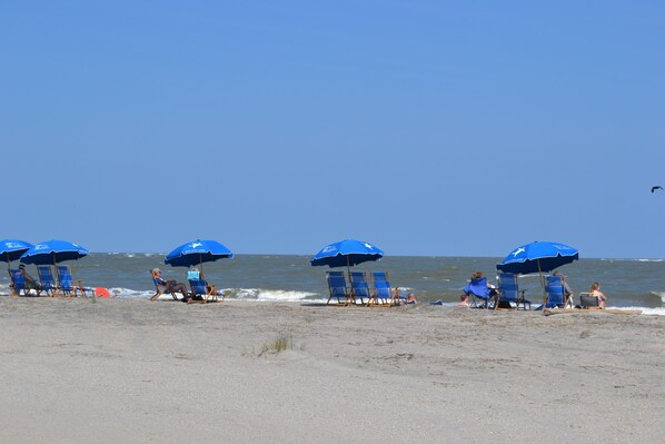 En la playa y camastros