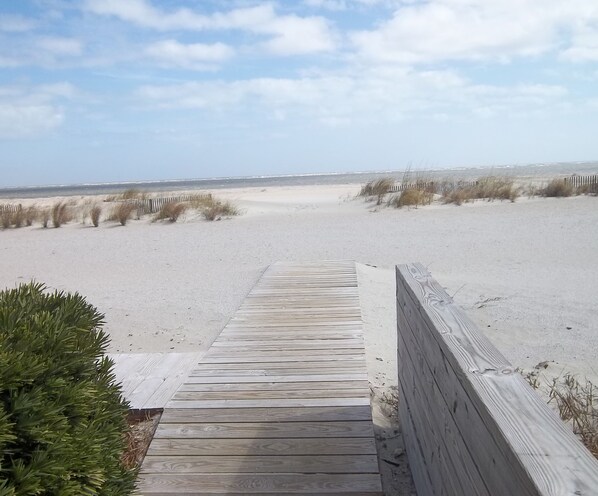On the beach, sun loungers