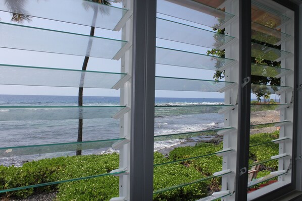 A view through a window with multiple glass panes, overlooking a beach with waves and greenery.