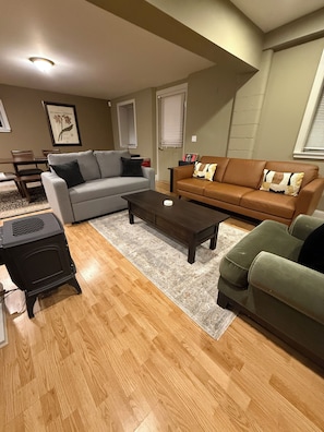 Älytelevisio, takka, DVD-soitin, kirjoja