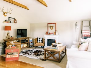Smart TV, caminetto, lettore DVD, libri