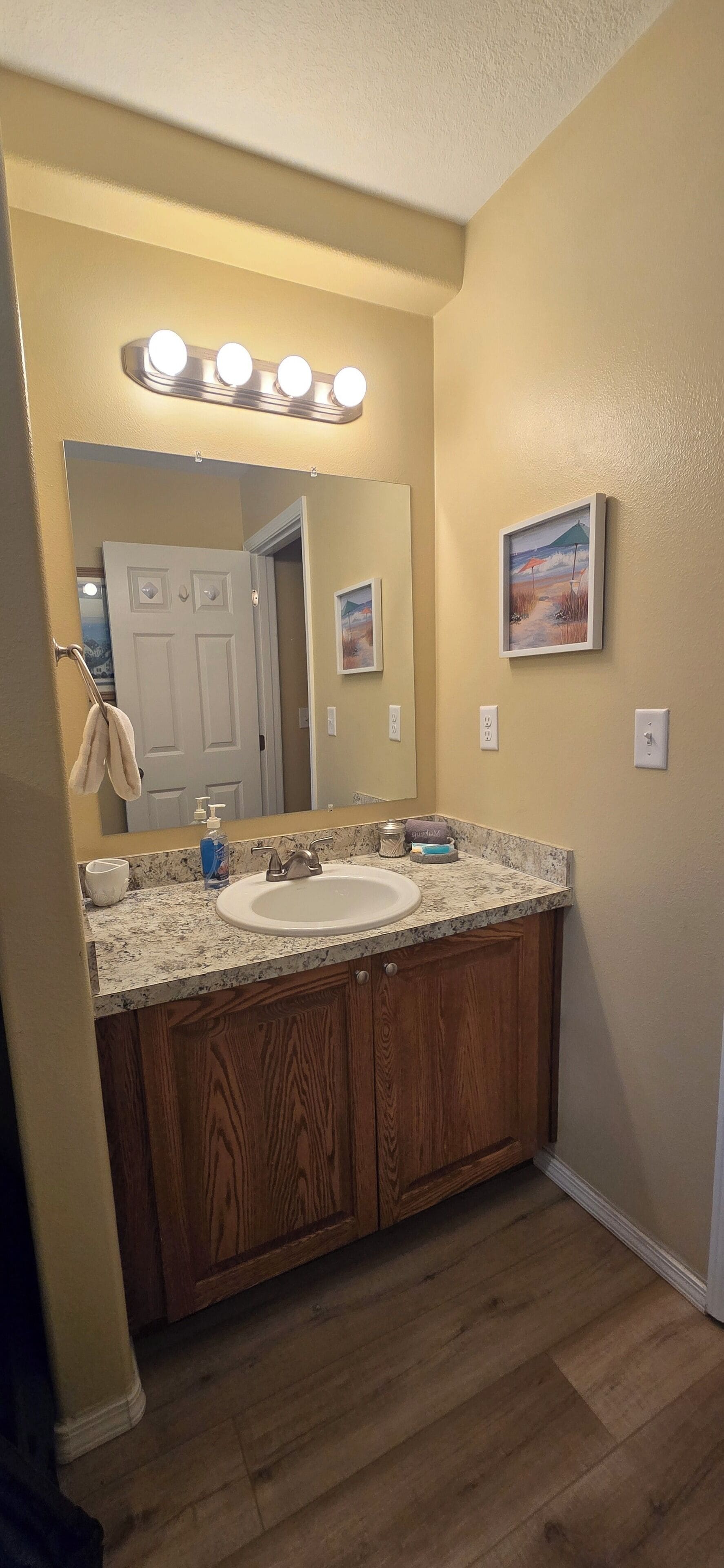 Une salle de bain avec un meuble-lavabo, un évier et un miroir. Une porte donne accès à une autre pièce. Un tableau encadré est accroché au mur, et il y a un porte-serviettes avec une serviette.