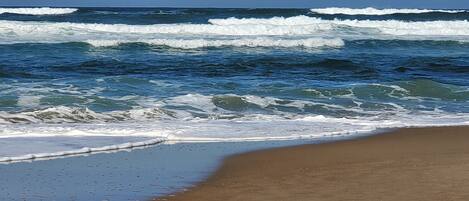 Une plage où les vagues se brisent sur le rivage.