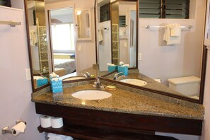 Combined shower/bathtub, hair dryer, towels, soap
