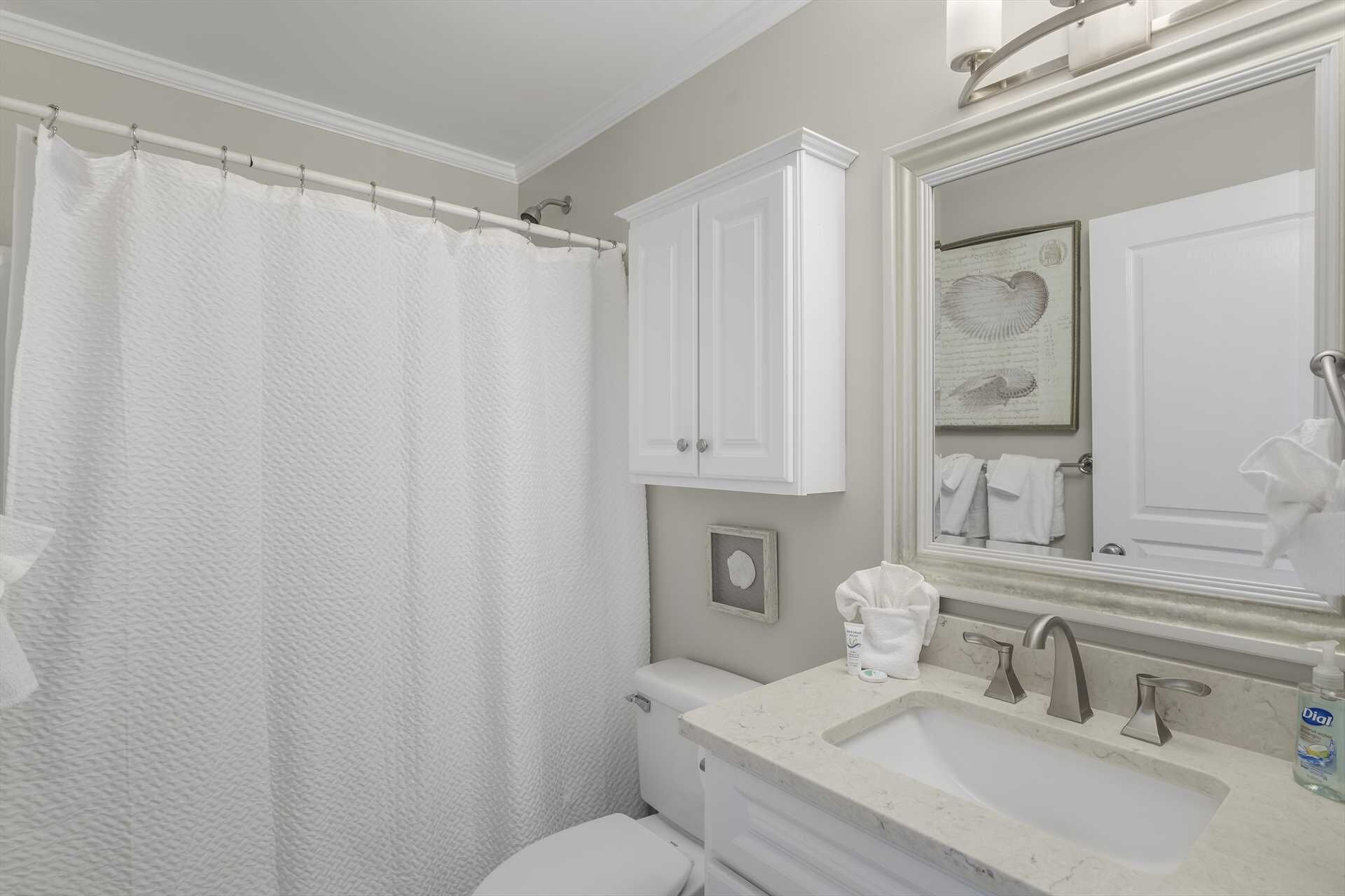 A bathroom with a shower curtain, a toilet, a sink with a mirror, and a framed picture on the wall.