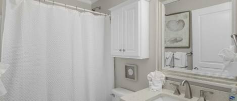 A bathroom with a shower curtain, a toilet, a sink with a mirror, and a framed picture on the wall.