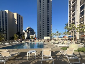 Outdoor pool, a heated pool - Fully Remodelled View Condo with Free Parking, Pool, Hottub, Sauna, Tennis Court (Honolulu)
