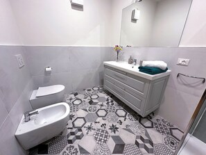 Combined shower/tub, hair dryer, bidet, towels