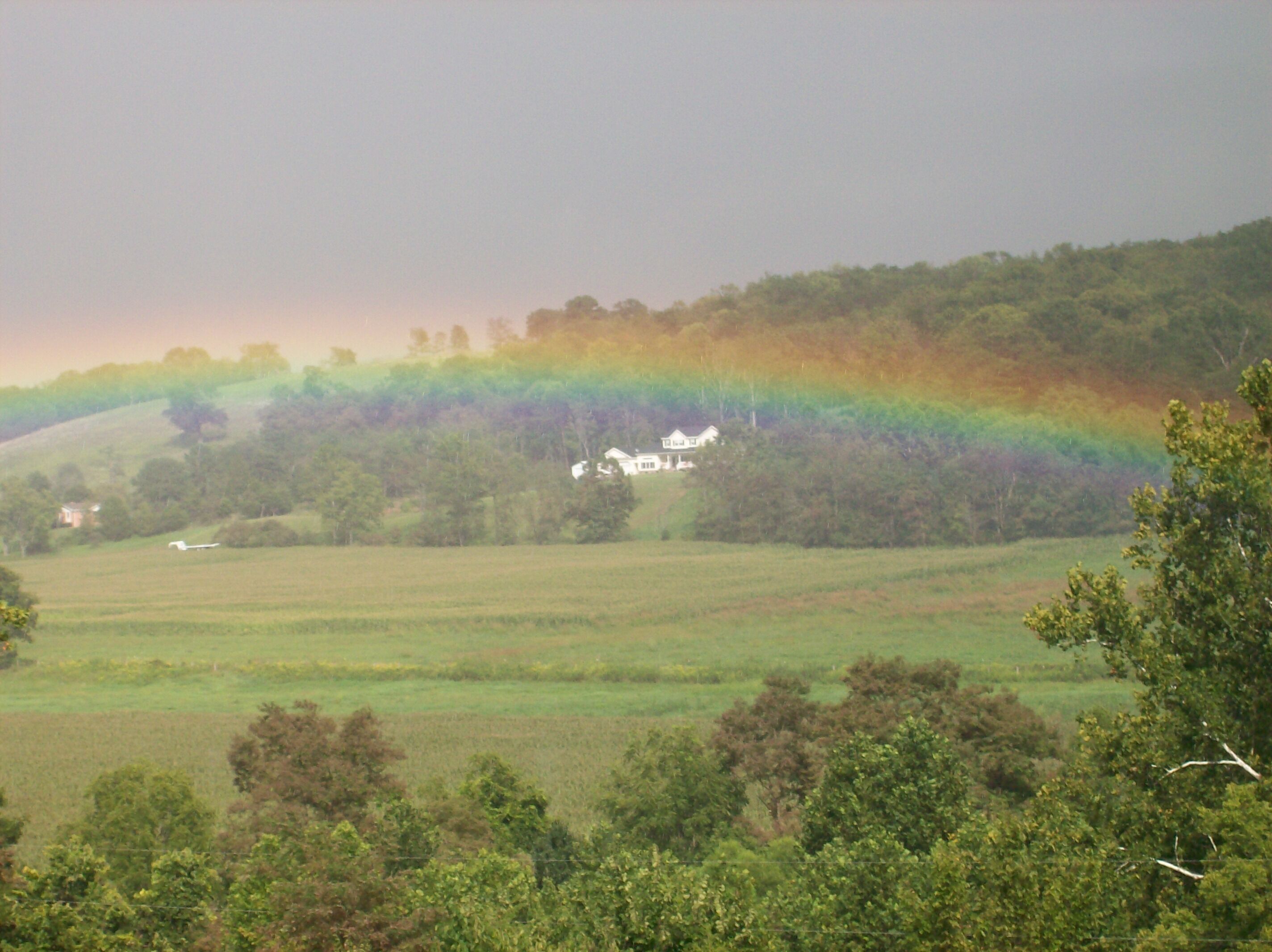 A rural landscape with a house on a hill, surrounded by fields and trees.