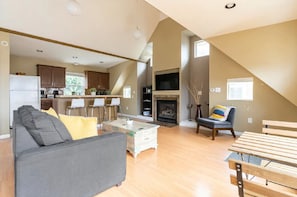 Una televisión, una chimenea, libros