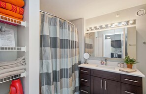 Douche, séchoir à cheveux, serviettes fournies