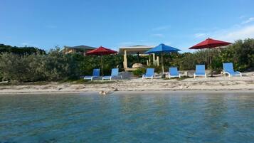 On the beach, sun-loungers, beach towels