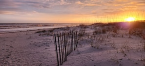On the beach, sun-loungers, beach towels