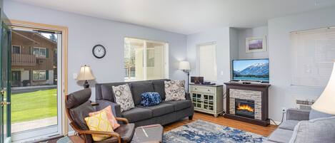 TV, fireplace, DVD player, video library