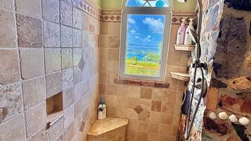 Shower, hair dryer, towels, soap