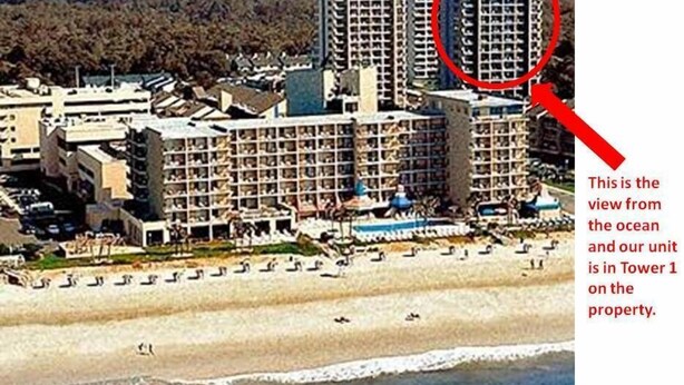 A coastal hotel with multiple towers, featuring a beach view. - Relaxation Station!  Enjoy a very quiet, calm area of Myrtle Beach at our condo. (Myrtle Beach)