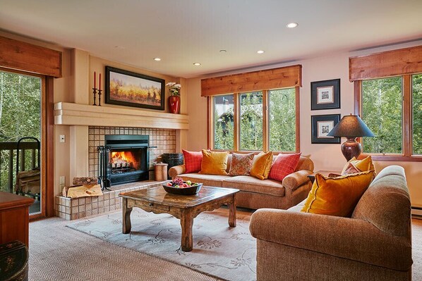 Una Smart TV, una chimenea, libros, un reproductor estéreo