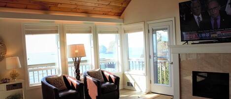 TV connectée, cheminée, lecteur de DVD, livres