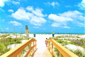 On the beach, sun loungers, beach towels