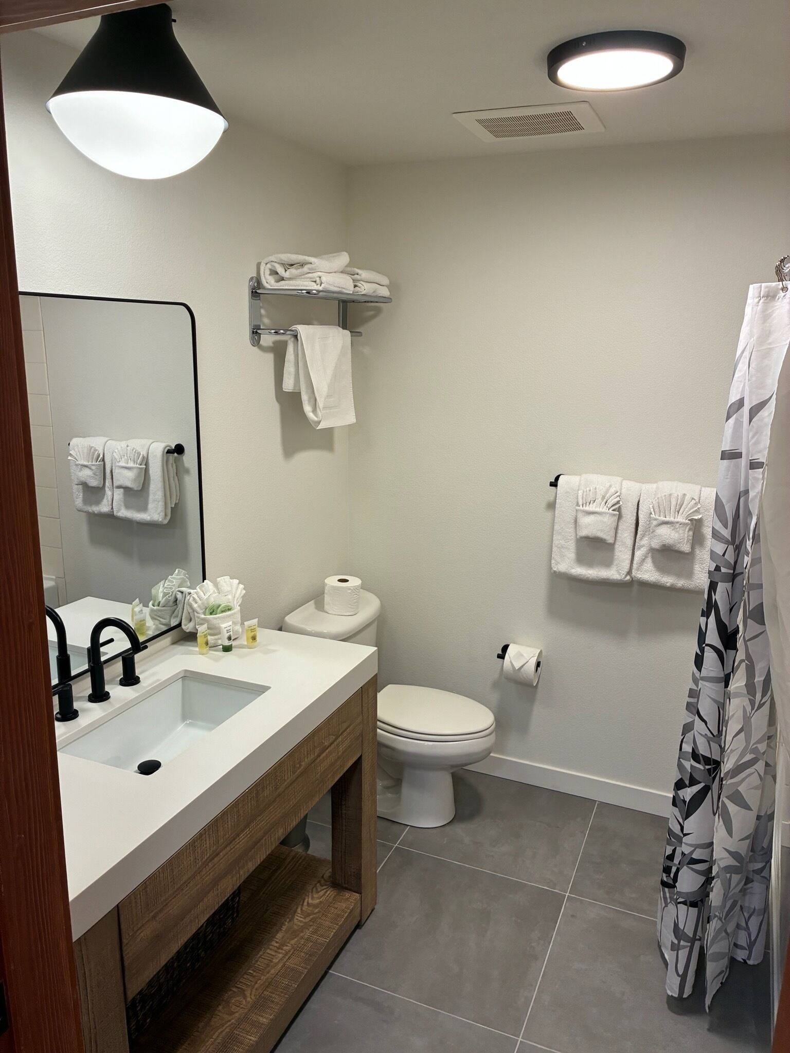 Un baño con un lavamanos blanco, un grifo negro y un espejo encima. Hay un inodoro con un rollo de papel higiénico encima, y una cortina de ducha con un diseño de hojas.
