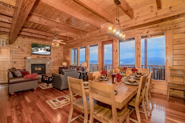 Smart TV, fireplace, video games, DVD player