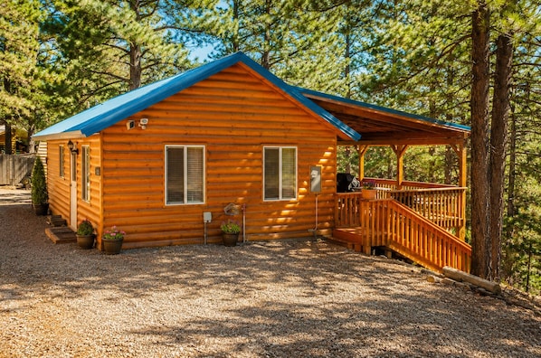 Une cabane en bois avec une véranda, une petite terrasse et une allée gravillonnée.