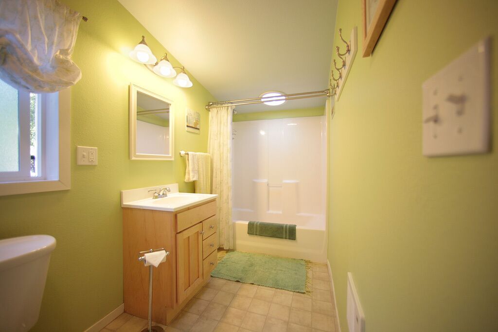 Combined shower/tub, hair dryer, towels, soap