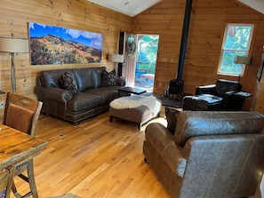 Smart TV, chimenea, libros y estéreo