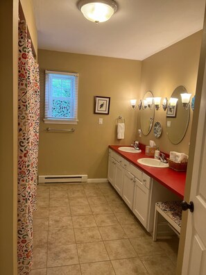 Duschwanne, Haartrockner, Handtücher, Seife