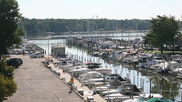 Een jachthaven met vele boten afgemeerd langs het water, een parkeerplaats met auto's en een helder uitzicht op het water.