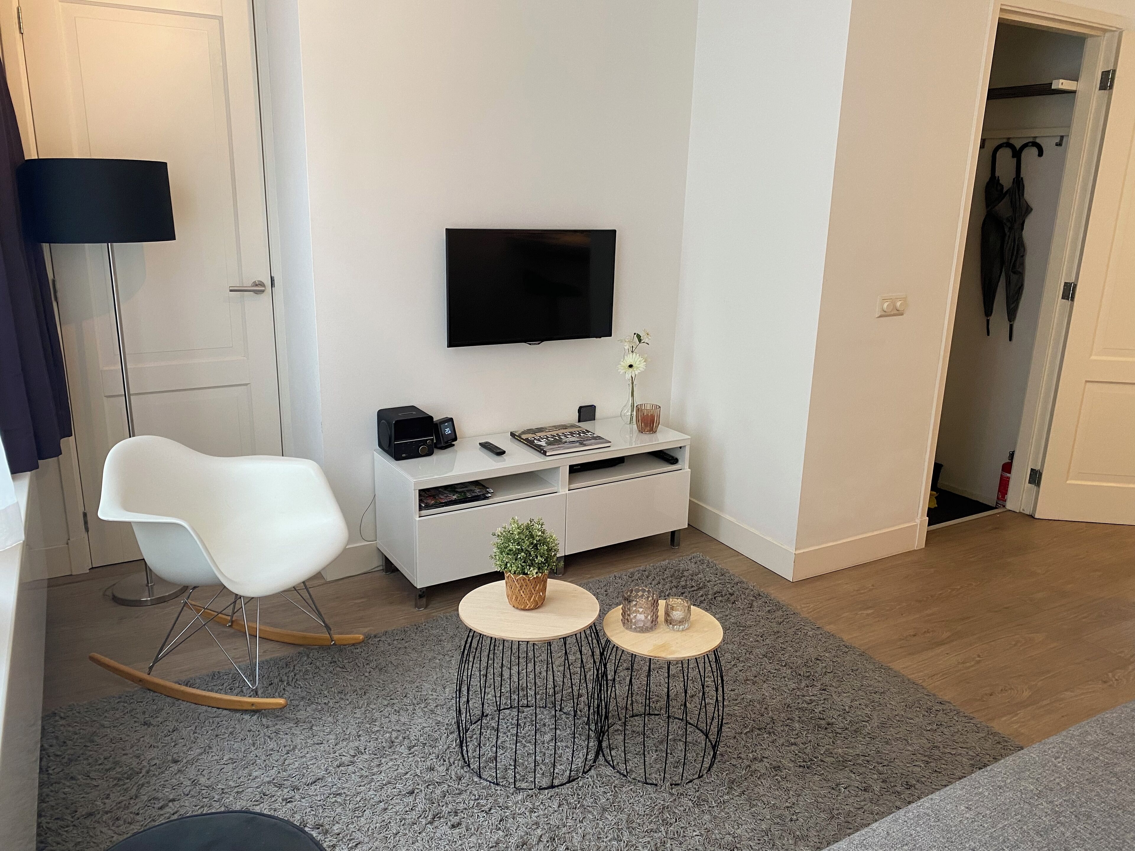 Een moderne woonkamer met een witte bank, een flatscreen televisie aan de muur, een kleine witte console tafel met een plant en een grijs, pluizig vloerkleed.