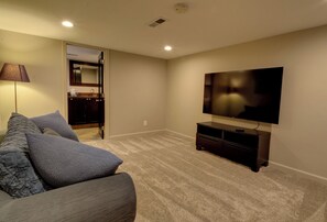 TV, fireplace, video games, foosball