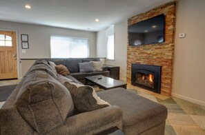 TV, fireplace, video games, foosball