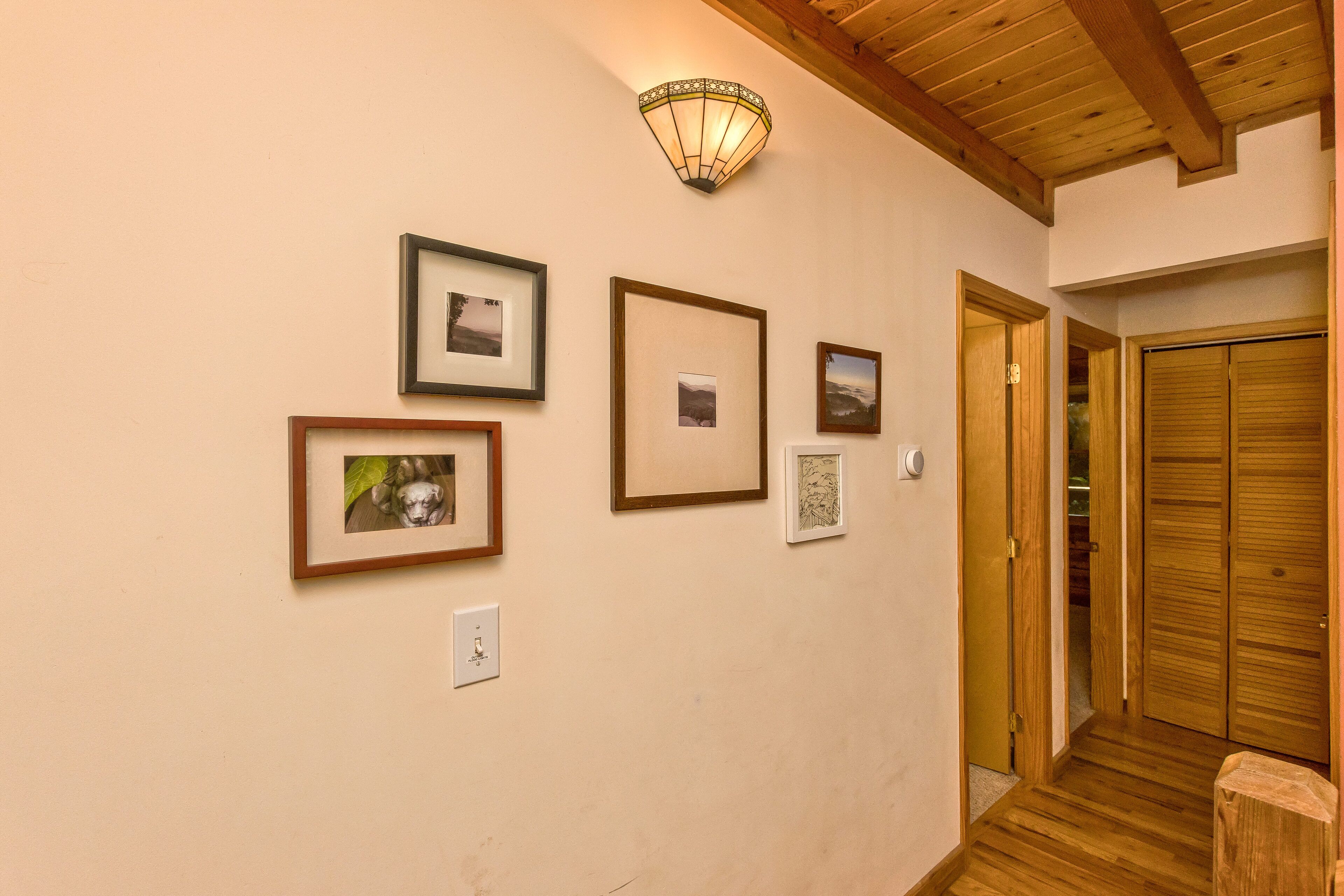 A hallway with wooden flooring, a ceiling light fixture, and a wooden door.