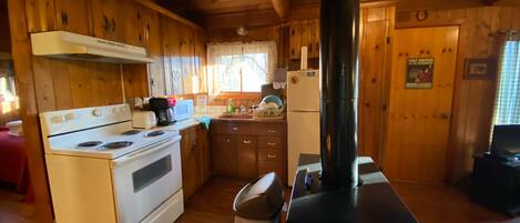A wooden cabin kitchen with a stove, microwave, refrigerator, and a wood stove.