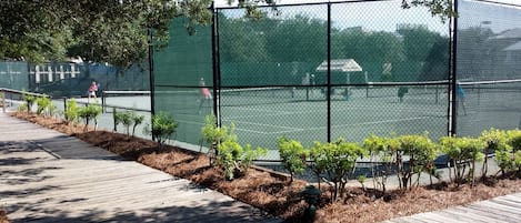 Una cancha de tenis con una cerca de malla metálica, rodeada por un suelo de madera y árboles pequeños.
