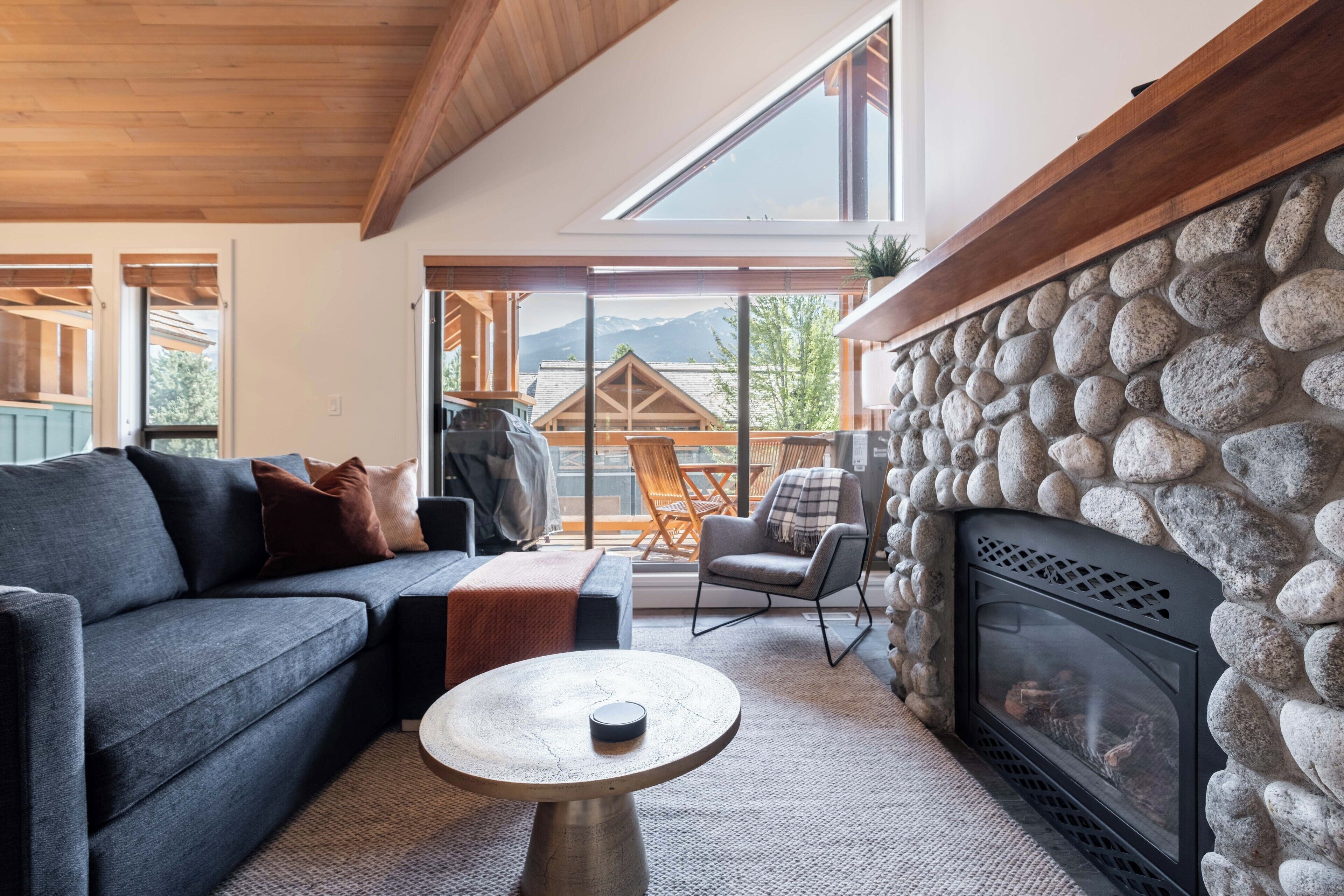 Télévision, cheminée, lecteur de DVD, chaîne hi-fi