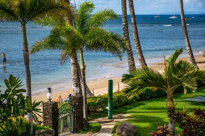 A tropical beach with palm trees, a sandy shore, and boats in the water.