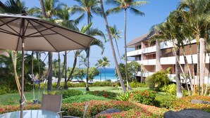 A resort with a pool area, palm trees, and a view of the ocean.