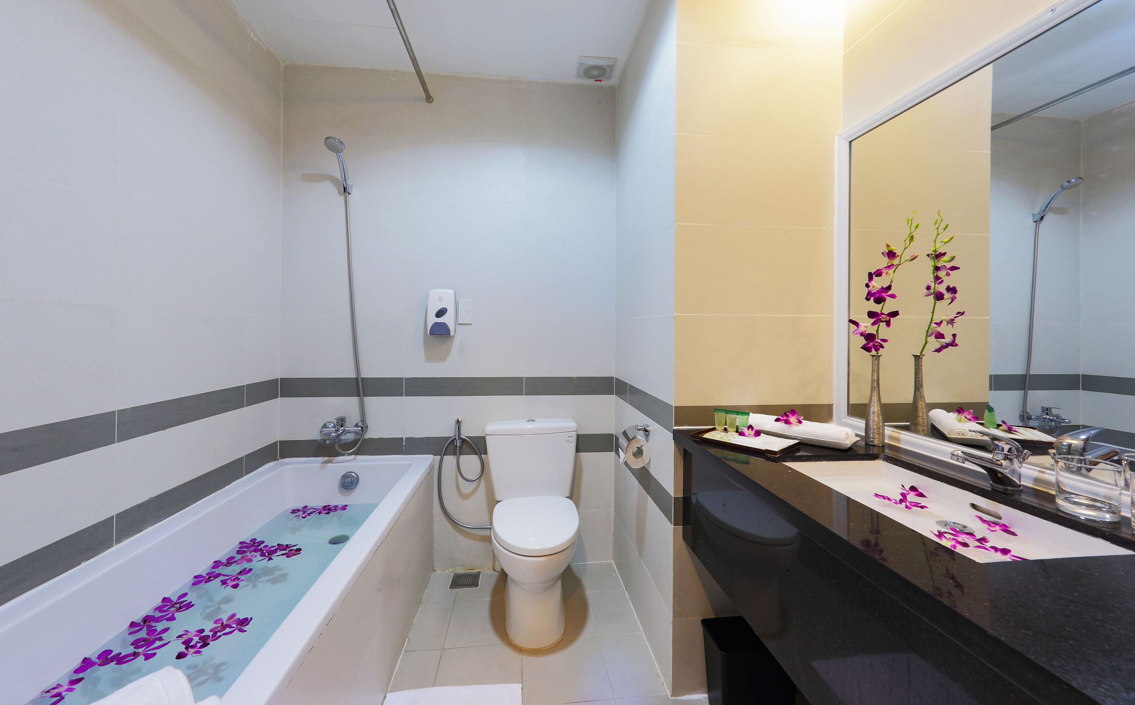 Een moderne badkamer met een bad, toilet en douche.