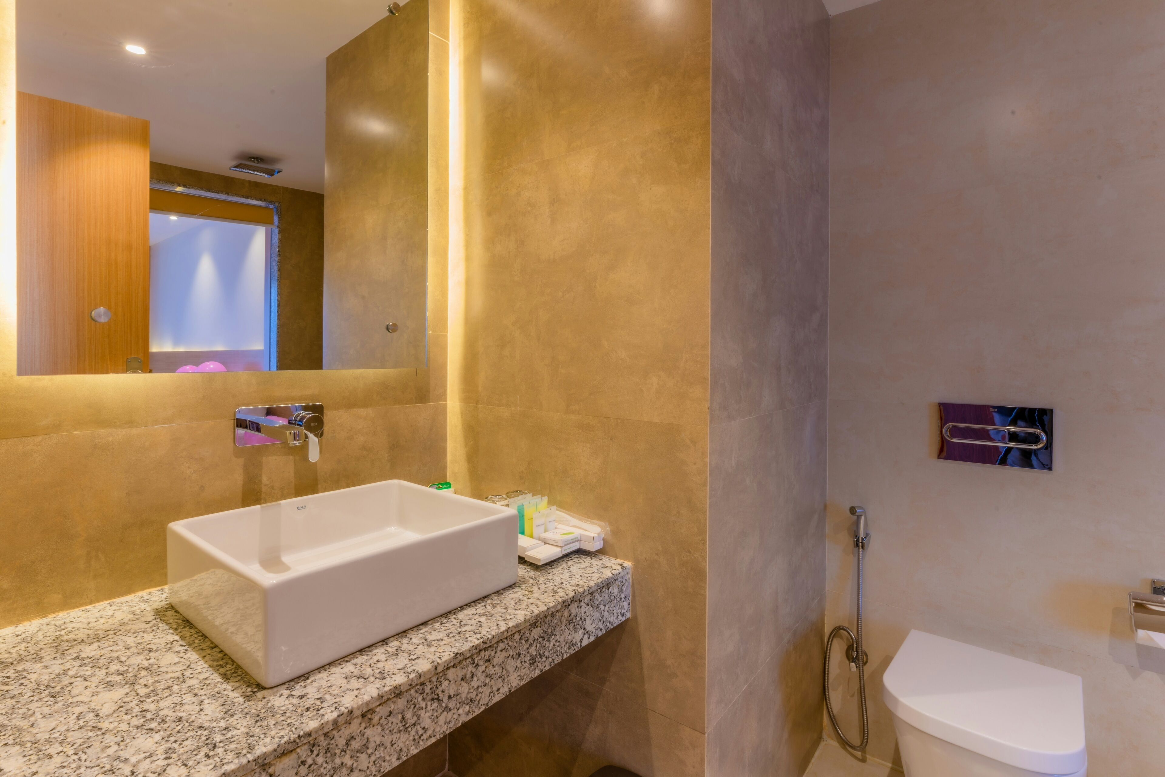 A modern bathroom with a rectangular sink, a toilet, and a shower area.