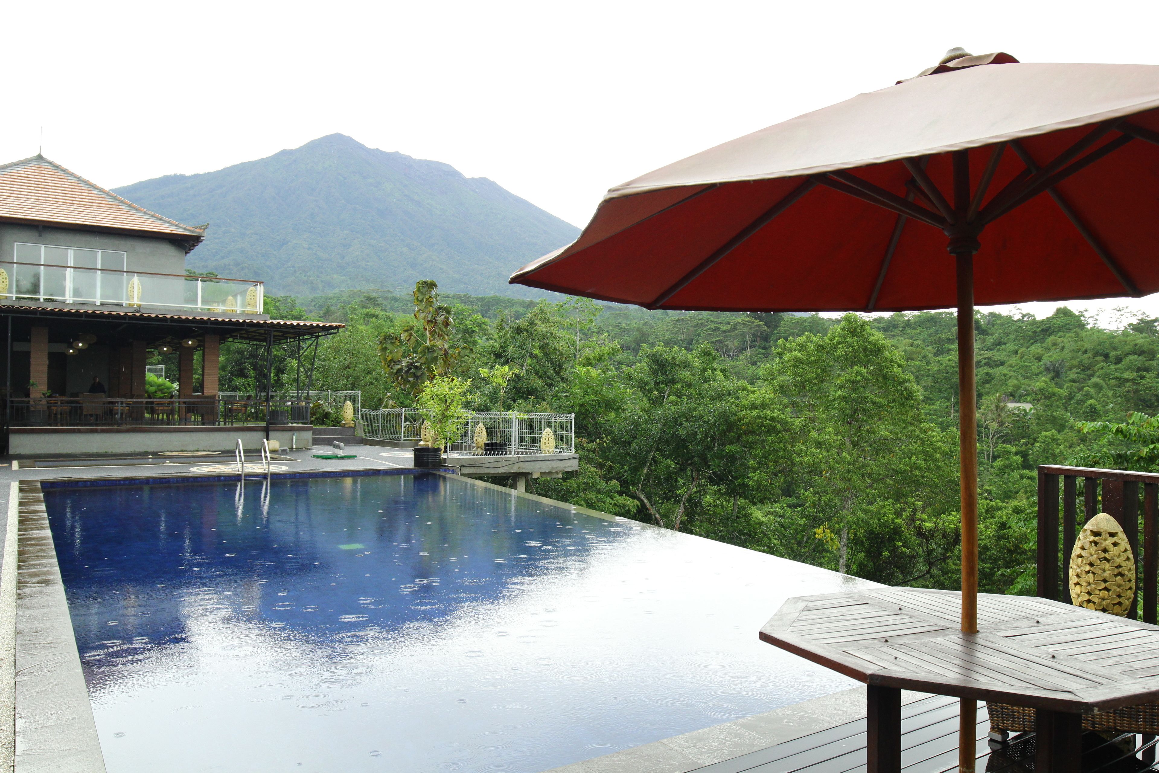 A swimming pool with a view of a mountain, a wooden deck, and a table with an umbrella.