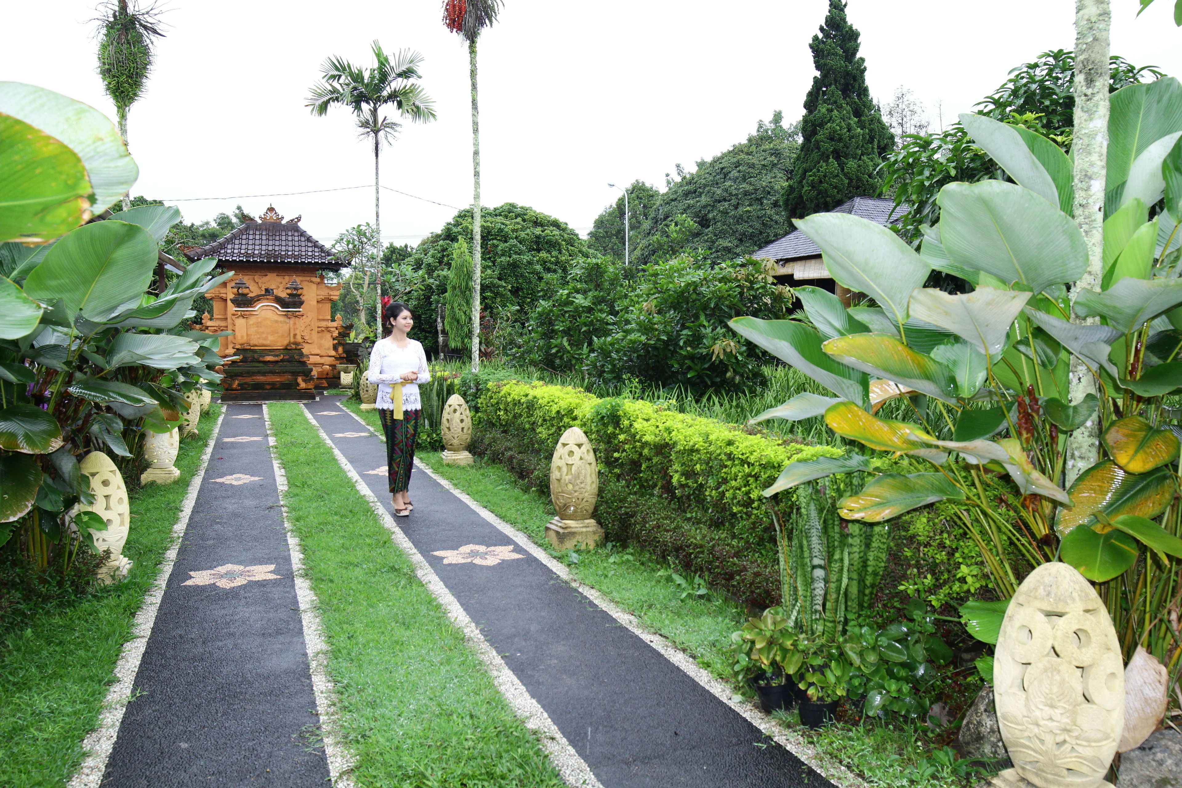 A pathway leading to a traditional building with a tiled roof, surrounded by lush greenery and decorative stone elements.
