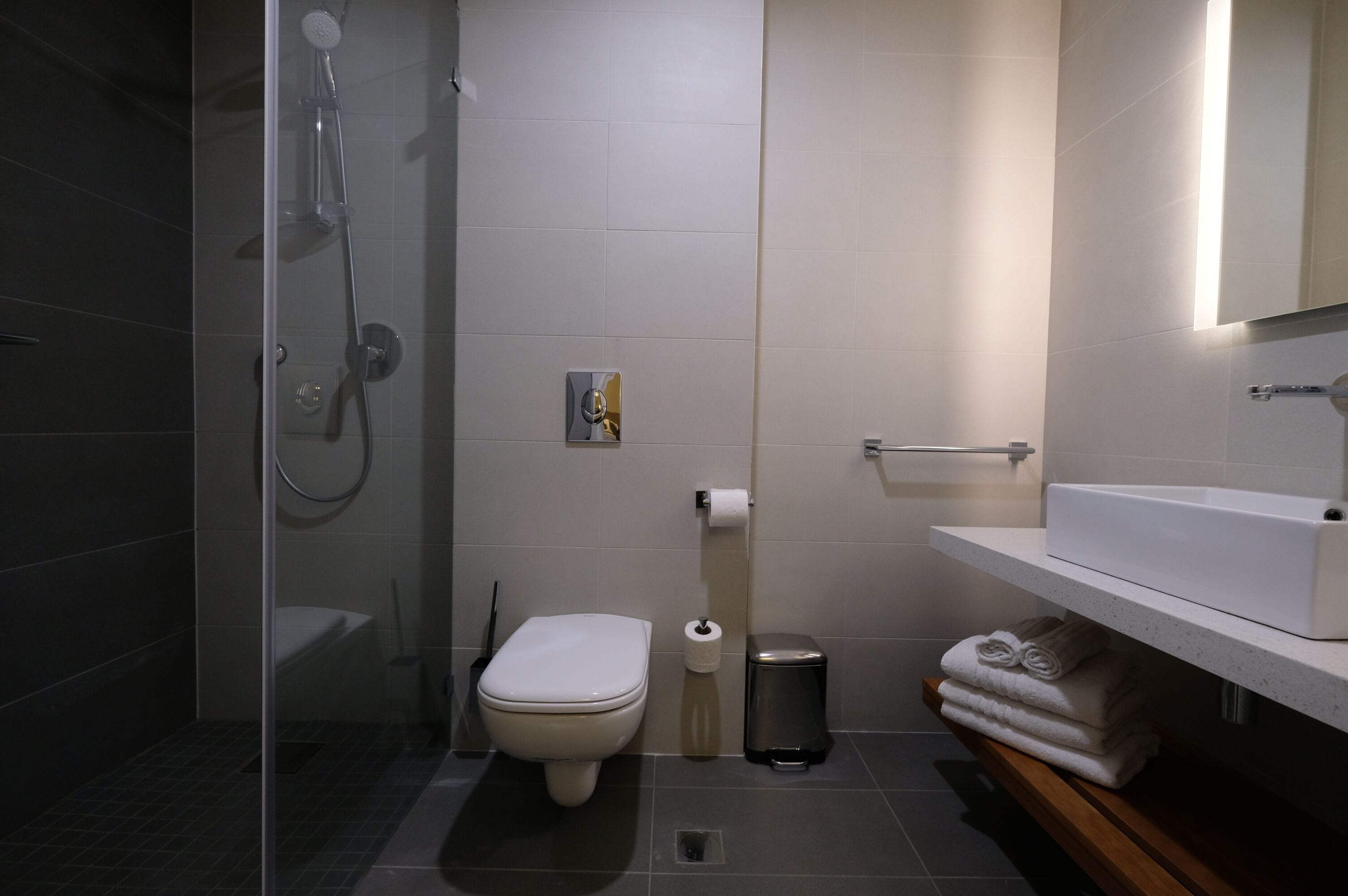 A modern bathroom with a glass-enclosed shower, a toilet, a trash bin, and a shelf with towels.