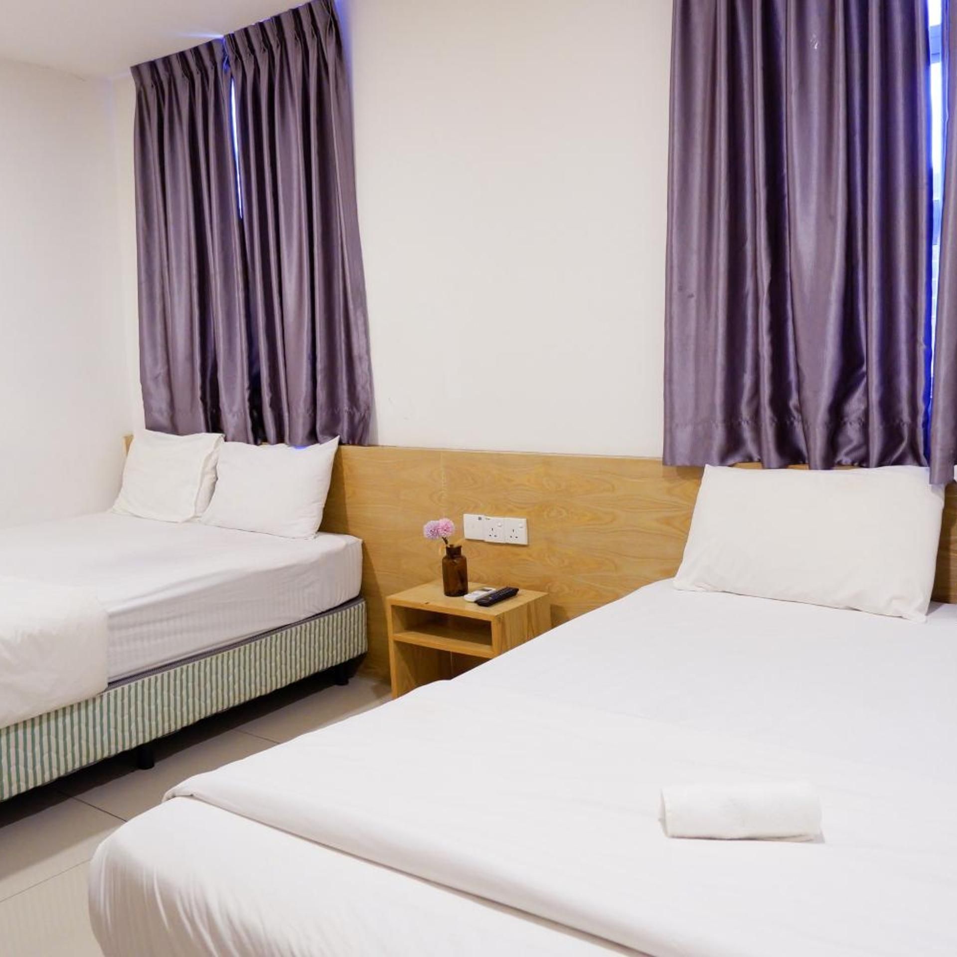 Habitación de hotel con dos camas, cabecero de madera, mesita de noche con un florero y un enchufe.