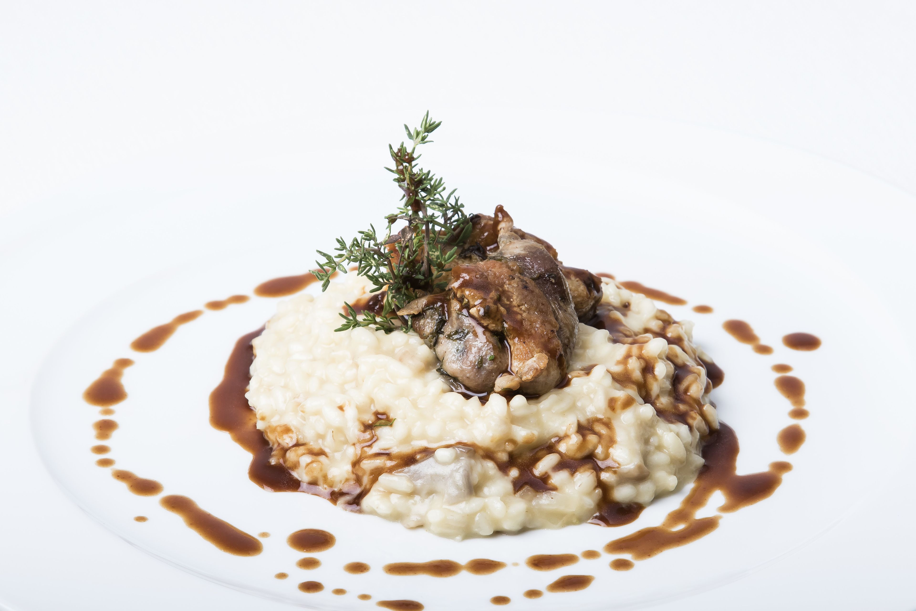 A plate of food with a mound of rice, a piece of meat, and a sprig of thyme, garnished with brown sauce.