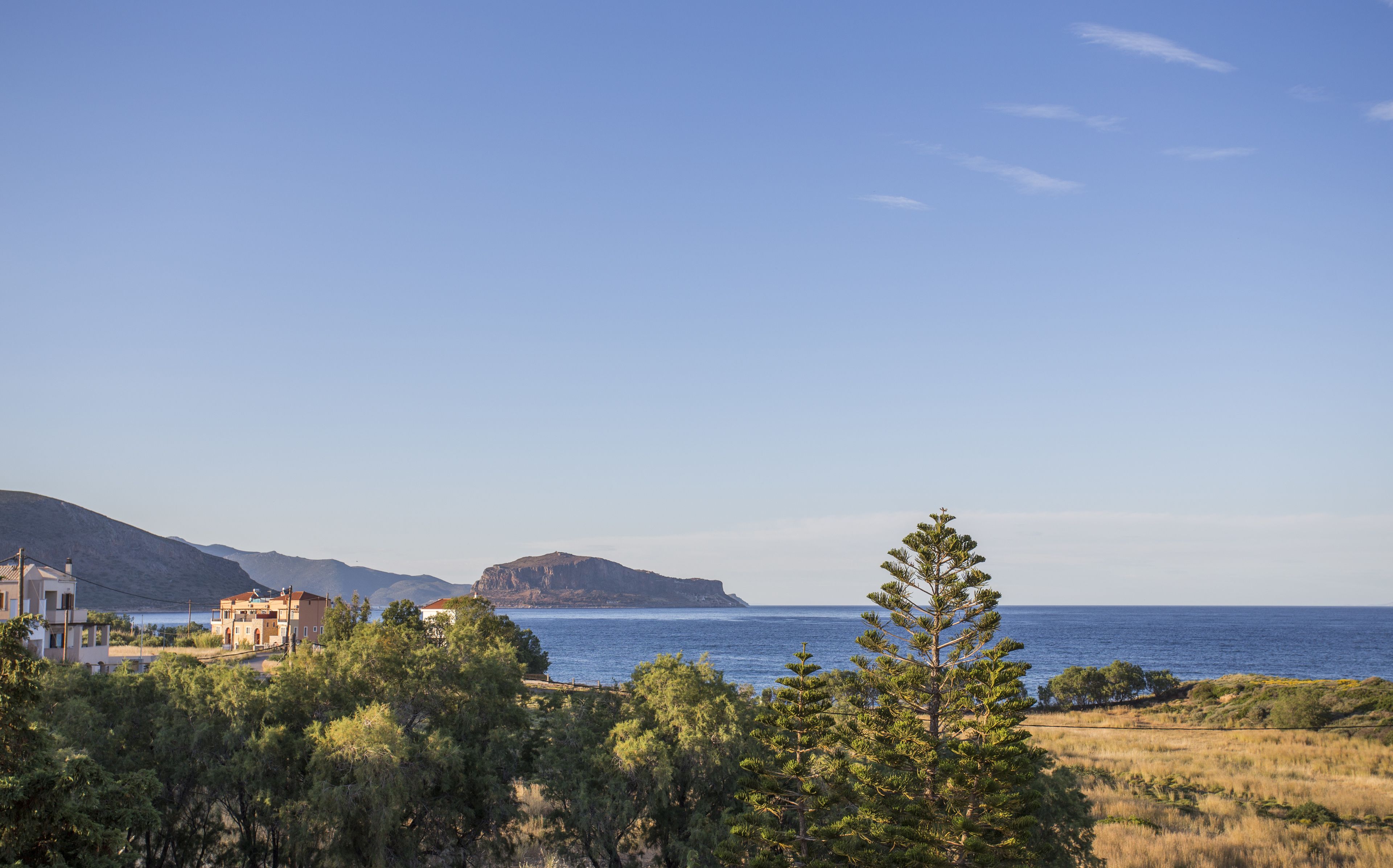 Un paysage côtier avec des bâtiments, des arbres et une vue dégagée sur la mer.
