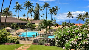 Un resort con piscina, palmeras y vista al océano.